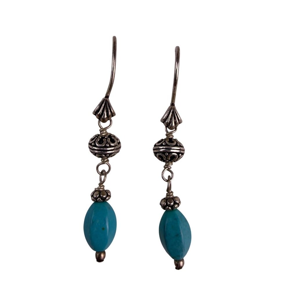 Silver Tone Womens Dangle Earrings Turquoise Beads 925 Sterling Silver Hooks